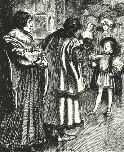 Erasmus assistindo Sir Thomas More apresentando um poema que ele havia escrito para o jovem príncipe Henrique, futuro rei Henrique VIII de Alfred Wallis Mills