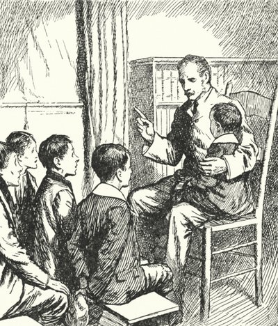 General Charles George Gordon falando com garotos maltrapilhos em histórias de Gravesend da história inglesa de Alfred Wallis Mills