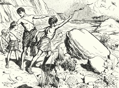 Aníbal e seus irmãos aprendendo a atirar pedras com um estilingue de Alfred Wallis Mills