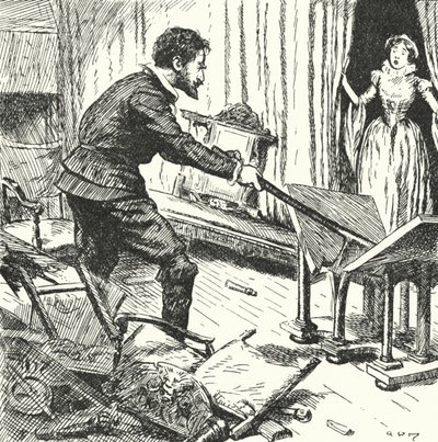 A esposa do ceramista francês Bernard Palissy olhando horrorizada enquanto ele quebra seus móveis para usar como combustível para seus fornos de Alfred Wallis Mills