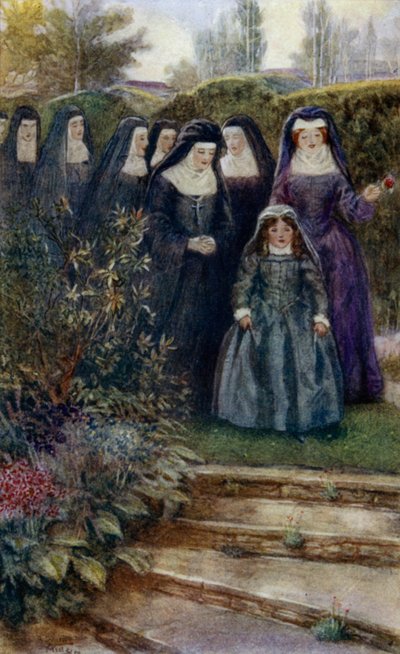 A jovem Marie-Angelique Arnauld caminhando no jardim do convento com suas freiras de Alfred Wallis Mills