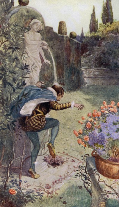 Água de um jarro sustentado por uma estátua em um jardim que cai sobre a cabeça do oleiro francês Bernard Palissy de Alfred Wallis Mills