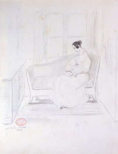 George Sand (1804-76), lendo em um sofá ao lado de uma janela, 1833 de Alfred de Musset