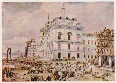Construção do Palácio-Convento de Mafra, Portugal (litografia a cores) de Alfredo Roque Gameiro