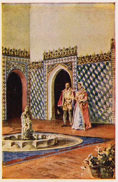 Arquitetura mourisca no Palácio de Sintra, Portugal (litografia a cores) de Alfredo Roque Gameiro