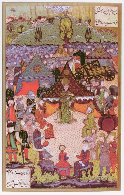 O rei da Hungria, Lajos II (1506-26) em conselho antes da batalha de Mohacs em 1526, 1558 (tinta e folha de ouro em velino) de Ali Amir Beg