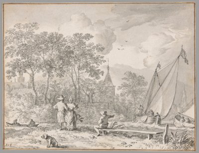Paisagem com figuras elegantes junto a um rio, com barcos à direita e uma cidade atrás de árvores mais além de Allaert van Everdingen