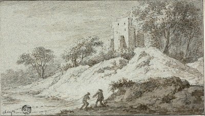 Paisagem com duas figuras e um castelo na colina de Allaert van Everdingen