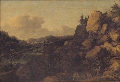 Paisagem de montanha com um casal de cavaleiros em primeiro plano de Allaert van Everdingen