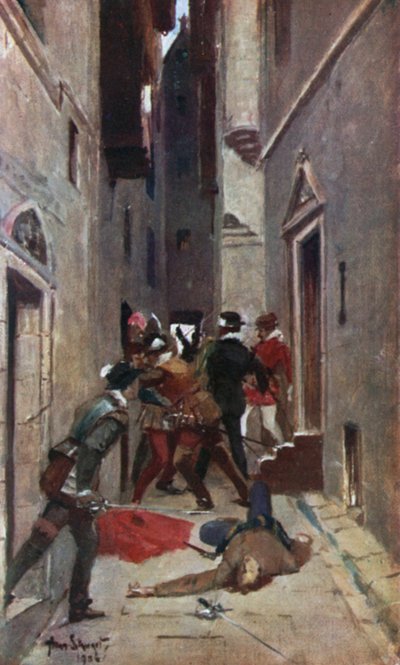 "A Tulzie" na High Street de Edimburgo. Ilustração para Contos de um Avô de Sir Walter Scott (Werner Laurie, c 1910). de Allan (after) Stewart