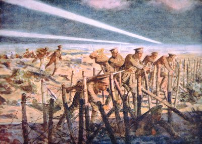 Soldados britânicos cortando defesas alemãs de arame farpado à noite na Frente Ocidental (cor litho) de Allan (after) Stewart