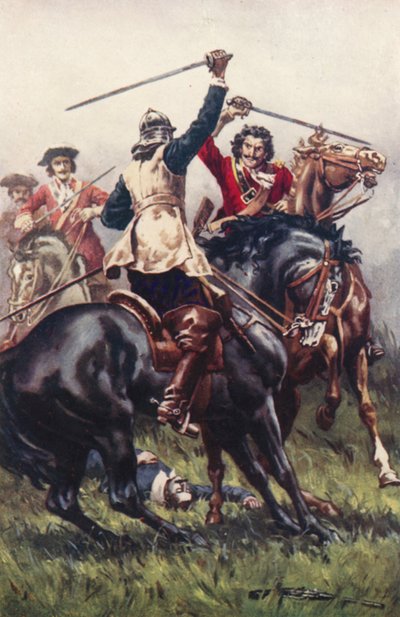 Luta entre um Ironside e um Cavalier (lito colorido) de Allan (after) Stewart
