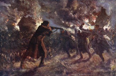 Soldado James Meston atacando, sozinho, vários dos inimigos que avançavam depois de capturar uma trincheira britânica, Primeira Batalha de Ypres, 31 de Outubro de 1914 (cor litho) de Allan (after) Stewart