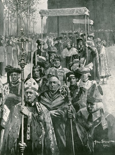 Cortejo da abadia para o salão aquando da coroação de Ricardo III e Ana de Warwick (litografia) de Allan (after) Stewart