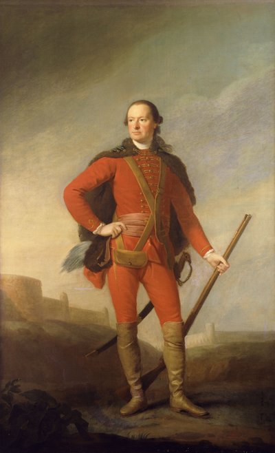 Retrato de Charles, 5º Conde de Elgin e 9º Conde de Kincardine, em pé inteiro em um traje escarlate e capa com pêlo, segurando um mosquete em uma paisagem romântica com um castelo além, de Allan Ramsay