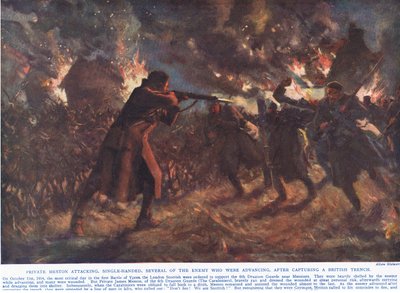 Soldado Meston atacando, sozinho, vários dos inimigos que avançavam, depois de capturar uma trincheira britânica, ilustração de 