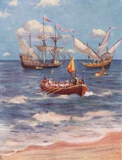 Vasco da Gama desembarcando em Kalicut (litografia a cores) de Allan Stewart