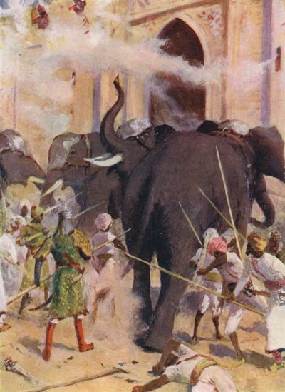 Elefantes de guerra atacam os portões do forte de Arcot (litografia a cores) de Allan Stewart