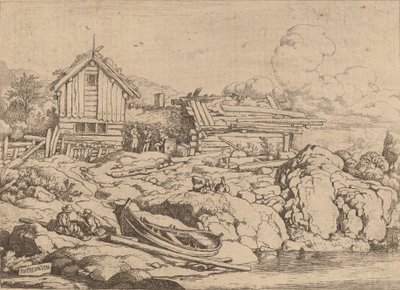 Barco na margem do rio com três cabras, provavelmente c. 16451656. de Allart van Everdingen