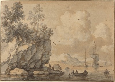 Figuras em barcos a remo em uma enseada rochosa, veleiros além de Allart van Everdingen