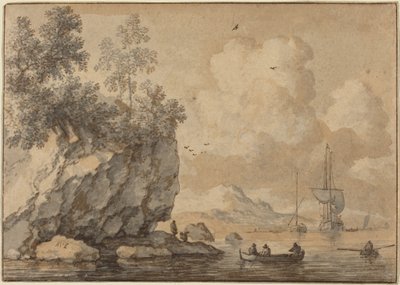 Figuras em barcos a remos numa enseada rochosa, veleiros ao longe de Allart van Everdingen
