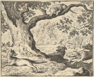 Seguindo a história falsa de Renard, seu pai é perseguido por cães de caça de Hendrick van ..., 1650-75. de Allart van Everdingen