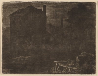 Nocturnal Landscape with House and Church Spire de Allart van Everdingen