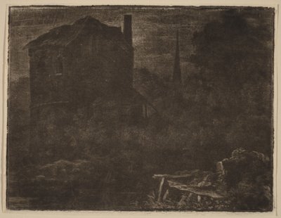 Paisagem nocturna com casa e torre de igreja de Allart van Everdingen
