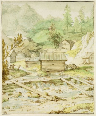 Paisagem nórdica com cabana de madeira e Weir (caneta, pincel e wc no papel) de Allart van Everdingen