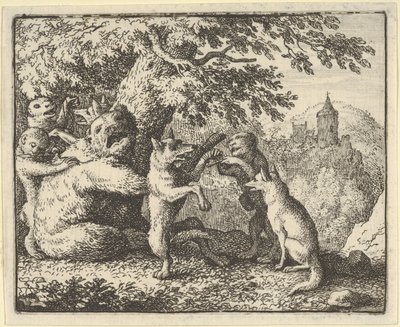 Por ordem do leão, um pedaço de pele é retirado do urso, um pedaço das patas dianteiras..., 1650-75. de Allart van Everdingen