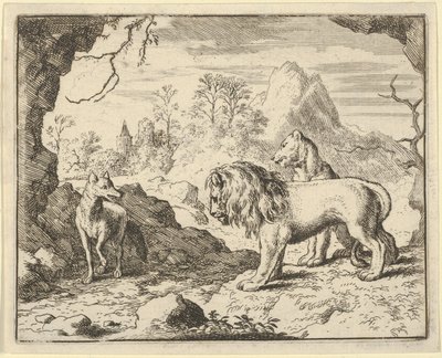 Renard convence o leão e a leoa de encontrar um tesouro que seu pai roubou deles ..., 1650-75. de Allart van Everdingen