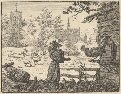 Renard, disfarçado de monge, ganha a confiança do galo, 1650-75. de Allart van Everdingen