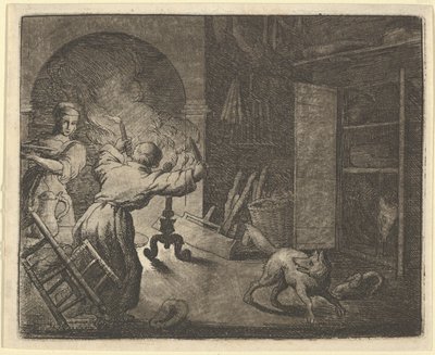 Renard escapa com uma galinha que ele roubou da mesa de um clérigo, 1650-75. de Allart van Everdingen