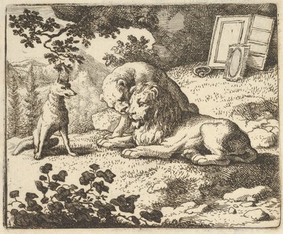Renard mente que deu ao carneiro vários objetos preciosos que foram feitos para o leão..., 1650-75. de Allart van Everdingen