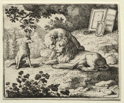 Reynard the Fox: Reynard promete presentes para o leão de Allart van Everdingen