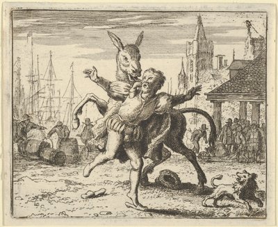 O burro, invejoso da atenção que o cão recebe de seu dono, procura imitar..., 1650-75. de Allart van Everdingen