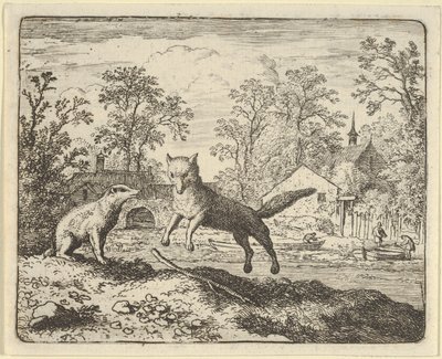 O texugo impõe como punição pular três vezes sobre uma vara no chão, 1650-75. de Allart van Everdingen