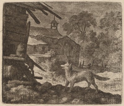 O gato entra no celeiro enquanto Reynard observa, provavelmente c. 16451656. de Allart van Everdingen