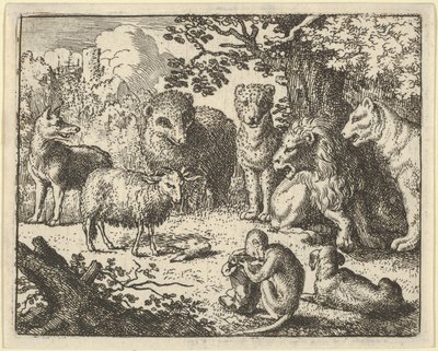 O macaco abre o pacote e remove a cabeça do coelho para a grande surpresa do..., 1650-75. de Allart van Everdingen