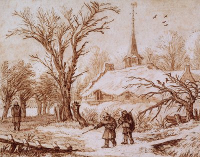 Viajantes numa estrada perto de uma Aldeia no Inverno (giz, caneta, tinta e lavagem) de Allart van Everdingen
