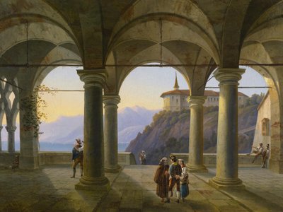 Terraço de pilares com pessoas e vista para um lago de montanha de Alois Gustav Schulz