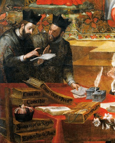 Discussão entre dois jesuítas, detalhe de São Raimundo de Penafort, conselheiro do Papa Gregório IX, de Alonso Antonio Villamor (1661-1729). Do Convento de St Steven, Salamanca, Espanha. de Alonso Antonio Villamor