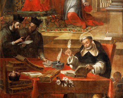 Dois jesuítas conversando enquanto São Raimundo escreve o Concílio, detalhe de São Raimundo de Penafort, conselheiro do Papa Gregório IX, de Alonso Antonio Villamor (1661-1729). Do Convento de St Esteban, Salamanca, Espanha. de Alonso Antonio Villamor