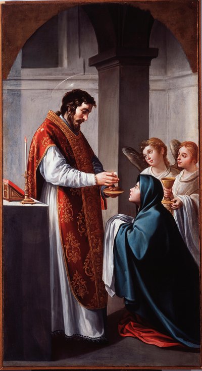 A Virgem recebe a comunhão de São João Batista Pintura de Alonso Cano (1601-1667) Genes do século XVII, Musei di Strada Nuova (ex Palazzo Bianco) de Alonso Cano