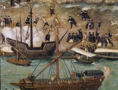 A Cidade de Sevilha, detalhe o porto (Pintura, final do século XVI) de Alonso Sánchez Coello
