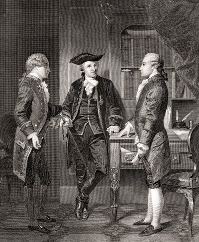 Johann Henry Jules Alexandre von Robaii, Barão de Kalb apresentando Lafayette a Silas Deane, de Life and Times of Washington, Volume 1, pub. in1857 de Alonzo (after) Chappel