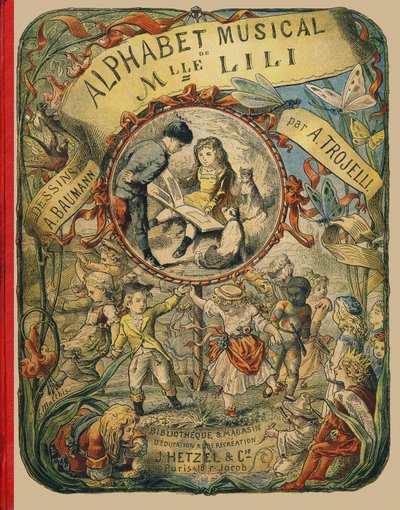 Capa - Gravura tirada do Alfabeto musical de Mlle Lili, de Angelino Trojelli (18..-1916). Bibliotheque & Magasin d