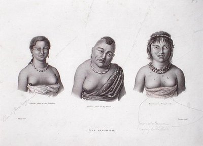Esposas dos chefes havaianos das Ilhas Sandwich, c.1824 (gravura) de Alphonse (after) Pellion