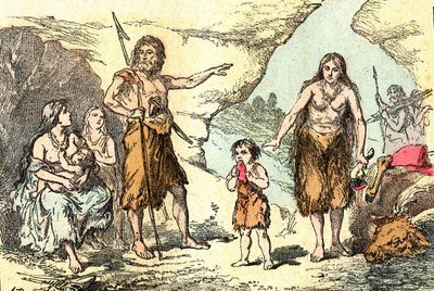 Uma família na época das renas (Prehistoire): Criação natural e seres vivos. Desenho de A. Demarle. 1885 de Alphonse Demarle