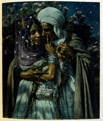 Ilustração de Dinet de "Mirages" Cenas da vida árabe. 1906. Mirages, Scenes De La Vie Arab foi ilustrado por Etienne Dinet com comentários de Silman Ben Ibrahim Bamer. Nasreddine Dinet nasceu como Alphonse-Etienne Dinet; (1861-1929) foi um francês de Alphonse Etienne Dinet